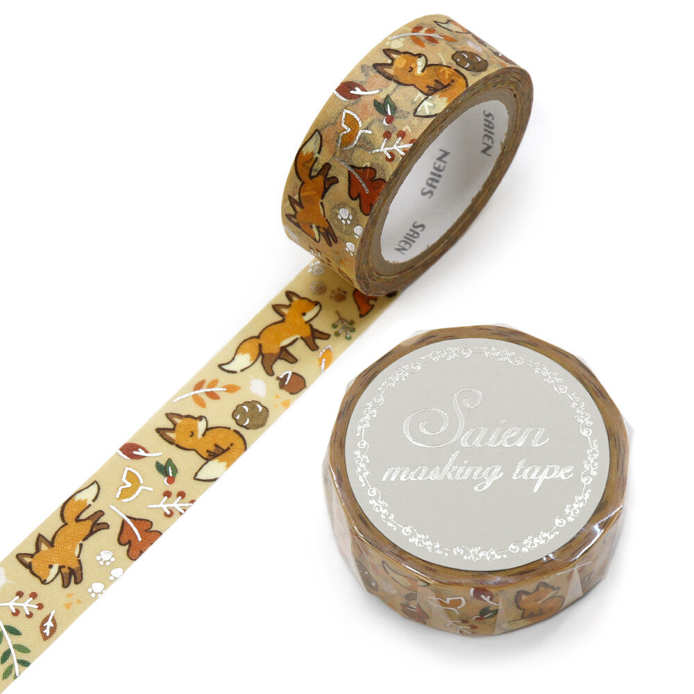 Washi Tape Fox and Fallen Leaves Silver Foil