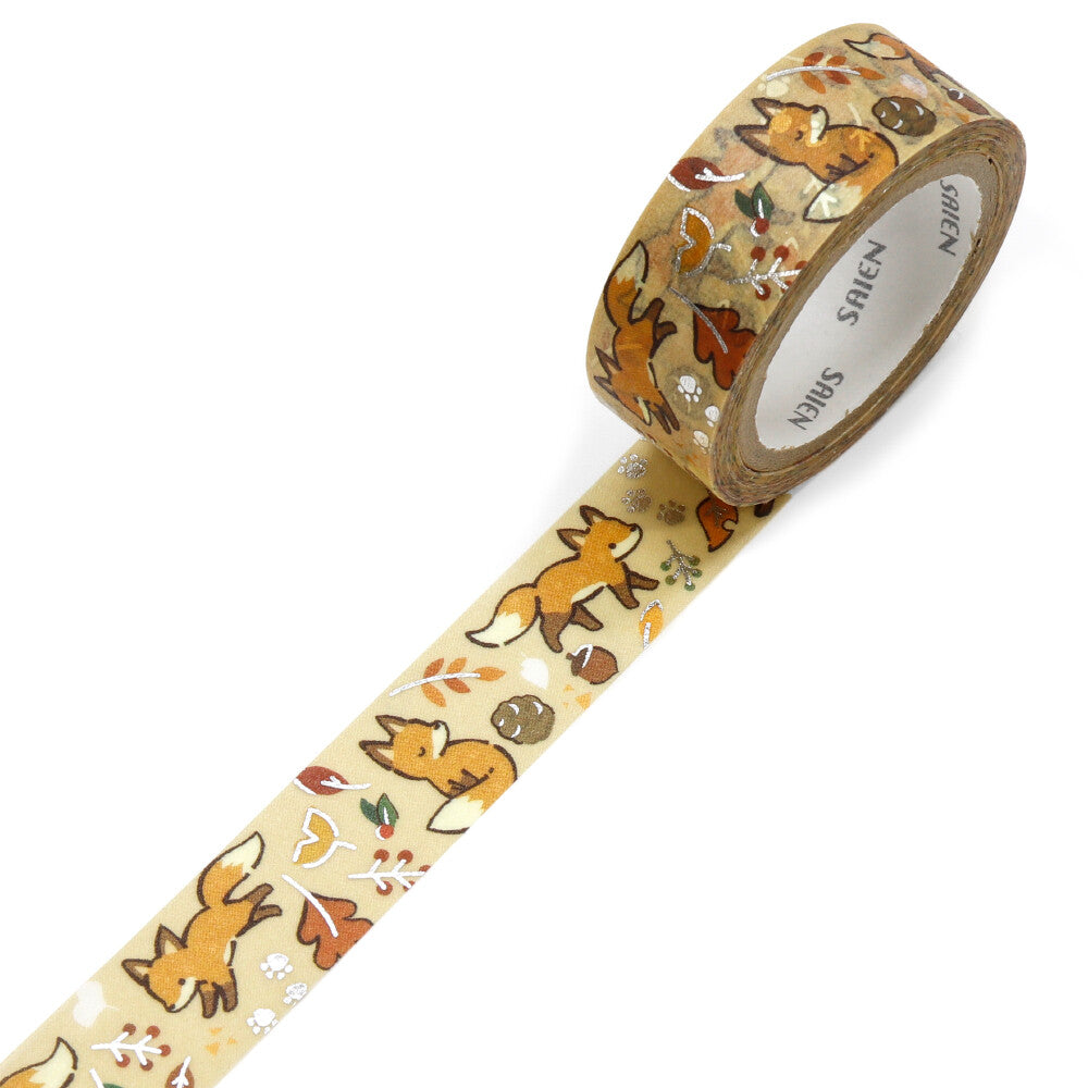 Washi Tape Fox and Fallen Leaves Silver Foil